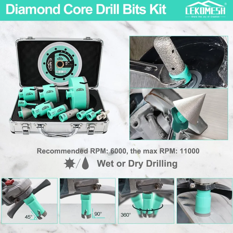 Forets Carrelage Diamant - LEKOMESH Lot de 12 embouts diamantés (6-110 mm avec disque de coupe 125 mm) pour percer le carrelage, le grès cérame, la céramique, connexion M14