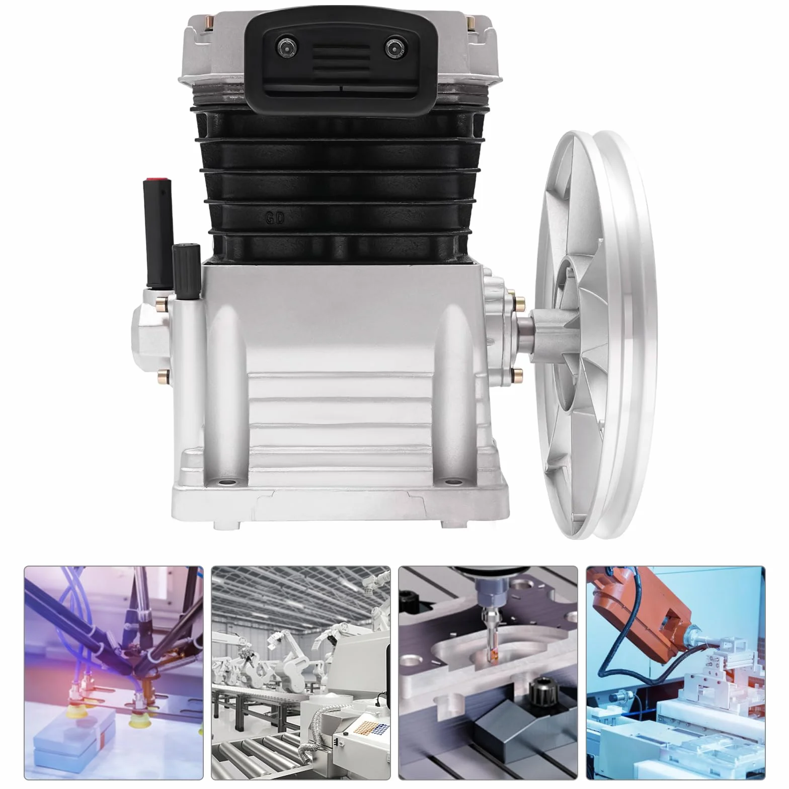 Compresseur d'air 10 bar 3HP Tête de pompe à piston avec 2 cylindres Poulie 2065-420 L Silencieux 960 tr/min Cylindre Piston Style Compresseur d'air Tête de pompe Outil d'air