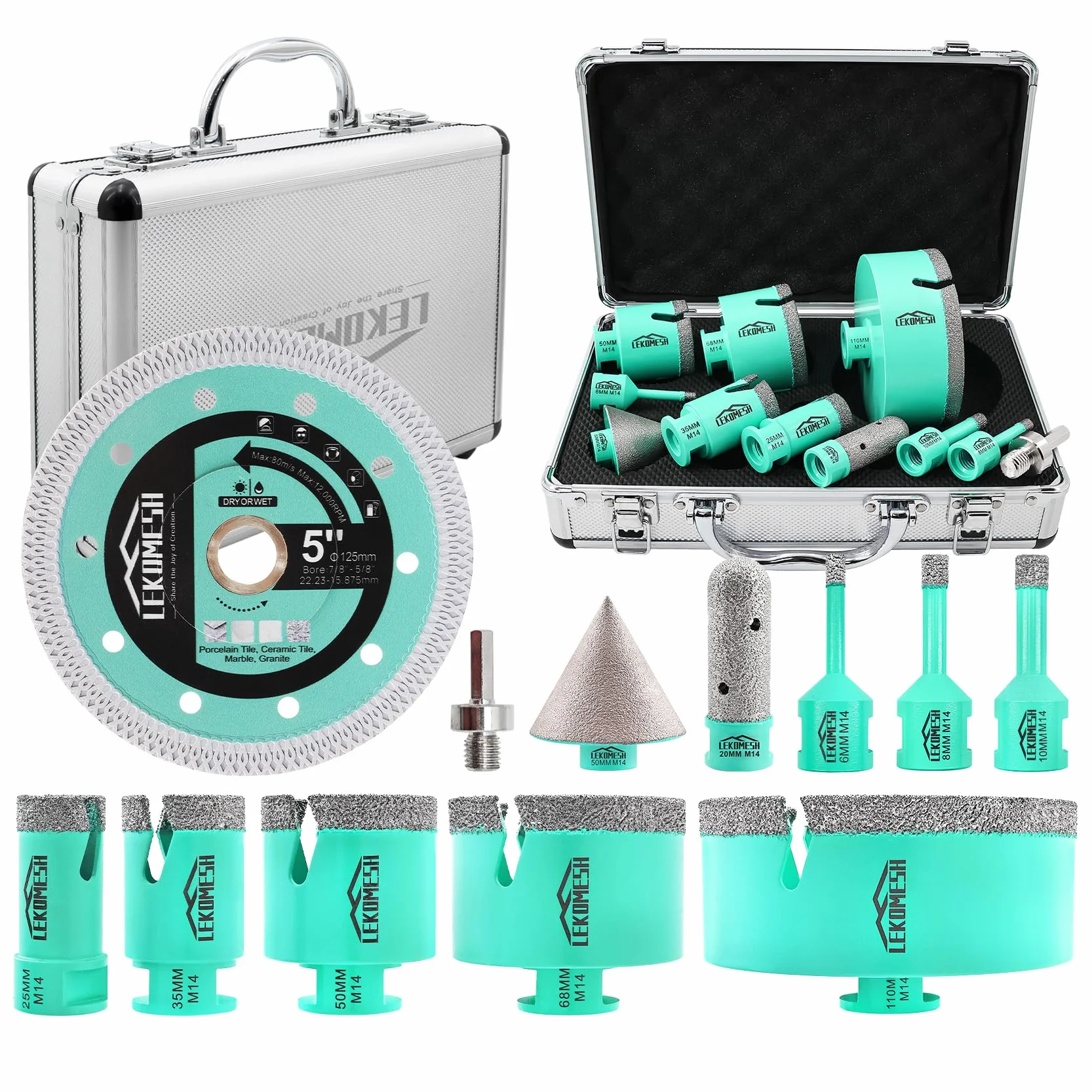 Forets Carrelage Diamant - LEKOMESH Lot de 12 embouts diamantés (6-110 mm avec disque de coupe 125 mm) pour percer le carrelage, le grès cérame, la céramique, connexion M14
