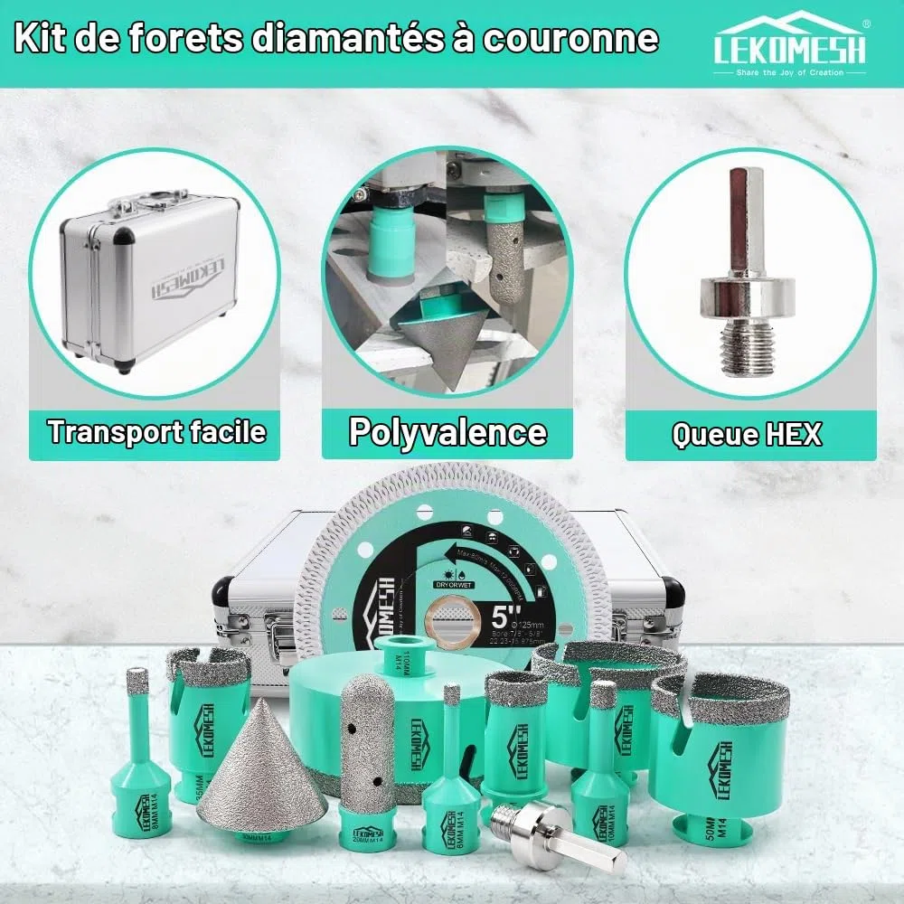 Forets Carrelage Diamant - LEKOMESH Lot de 12 embouts diamantés (6-110 mm avec disque de coupe 125 mm) pour percer le carrelage, le grès cérame, la céramique, connexion M14