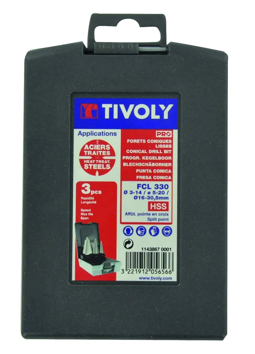 Coffret TIVOLY de 3 forets métaux coniques lisses HSS Ø 3-14/5-20/16-30,5 mm
