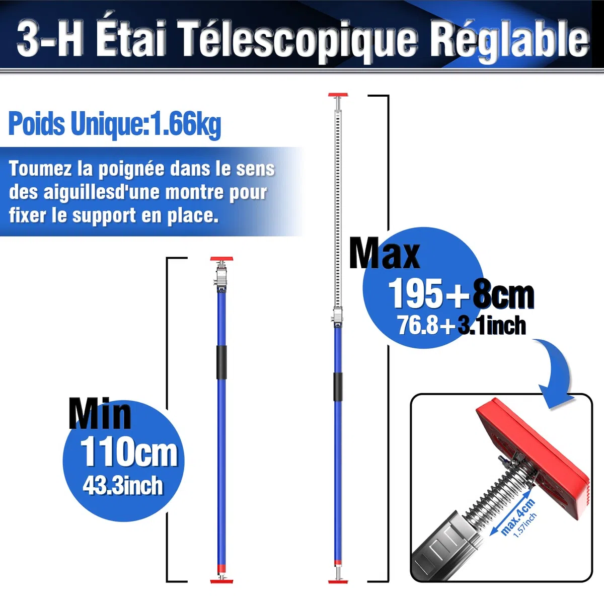 3-H Set de 4 Etai Telescopique Reglable, Extensible 110-195cm |Tout Acier Épais | Charge Max 75kg | Étai de Soutien Télescopique pour Plafond Montage, Plaque de Plâtre, Cadre de Porte, Armoire