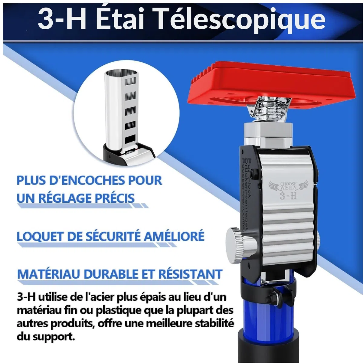 3-H Set de 4 Etai Telescopique Reglable, Extensible 110-195cm |Tout Acier Épais | Charge Max 75kg | Étai de Soutien Télescopique pour Plafond Montage, Plaque de Plâtre, Cadre de Porte, Armoire
