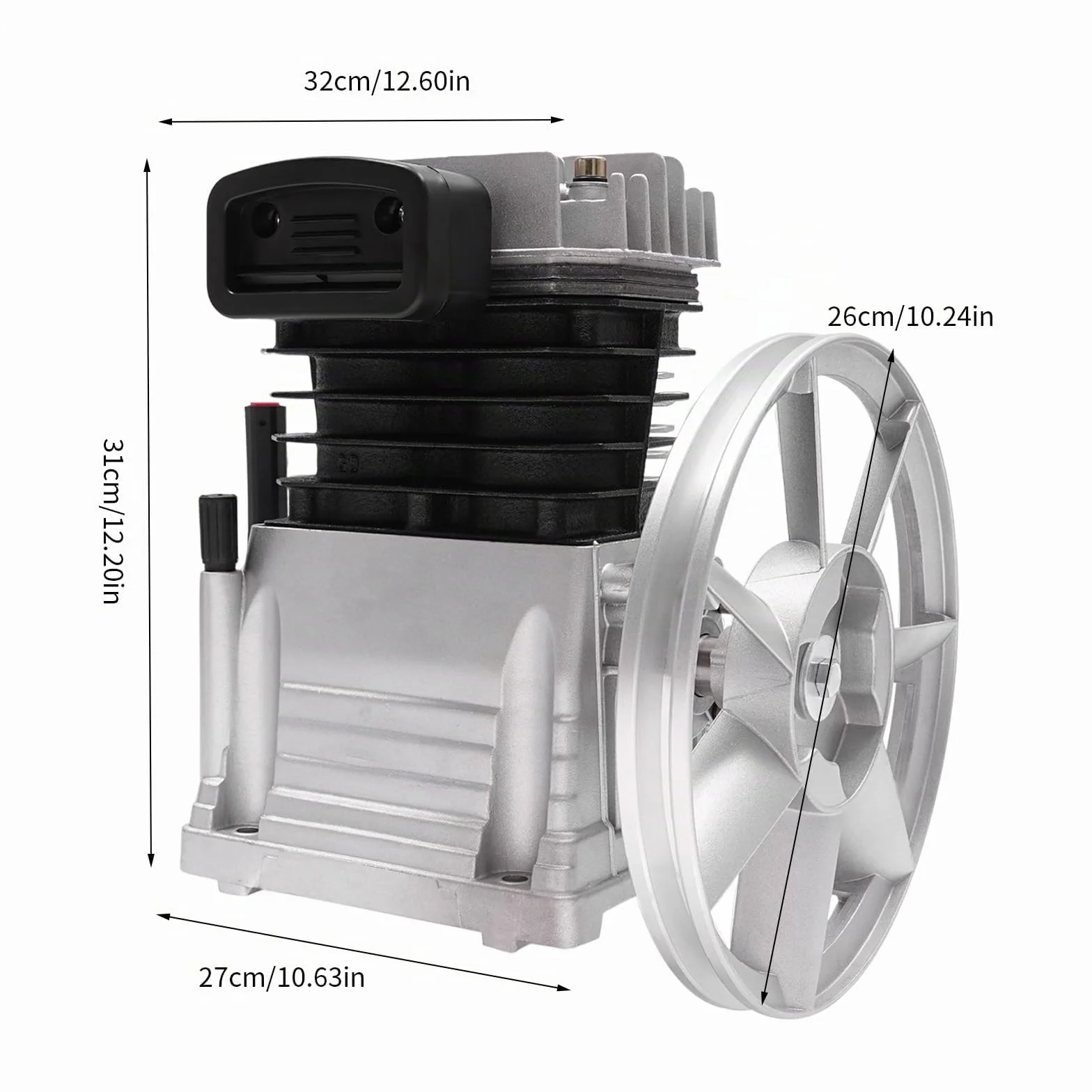 Compresseur d'air 10 bar 3HP Tête de pompe à piston avec 2 cylindres Poulie 2065-420 L Silencieux 960 tr/min Cylindre Piston Style Compresseur d'air Tête de pompe Outil d'air