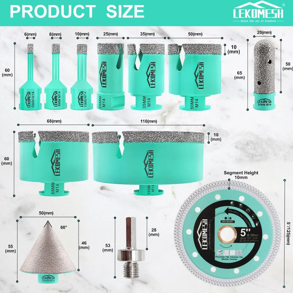 Forets Carrelage Diamant - LEKOMESH Lot de 12 embouts diamantés (6-110 mm avec disque de coupe 125 mm) pour percer le carrelage, le grès cérame, la céramique, connexion M14