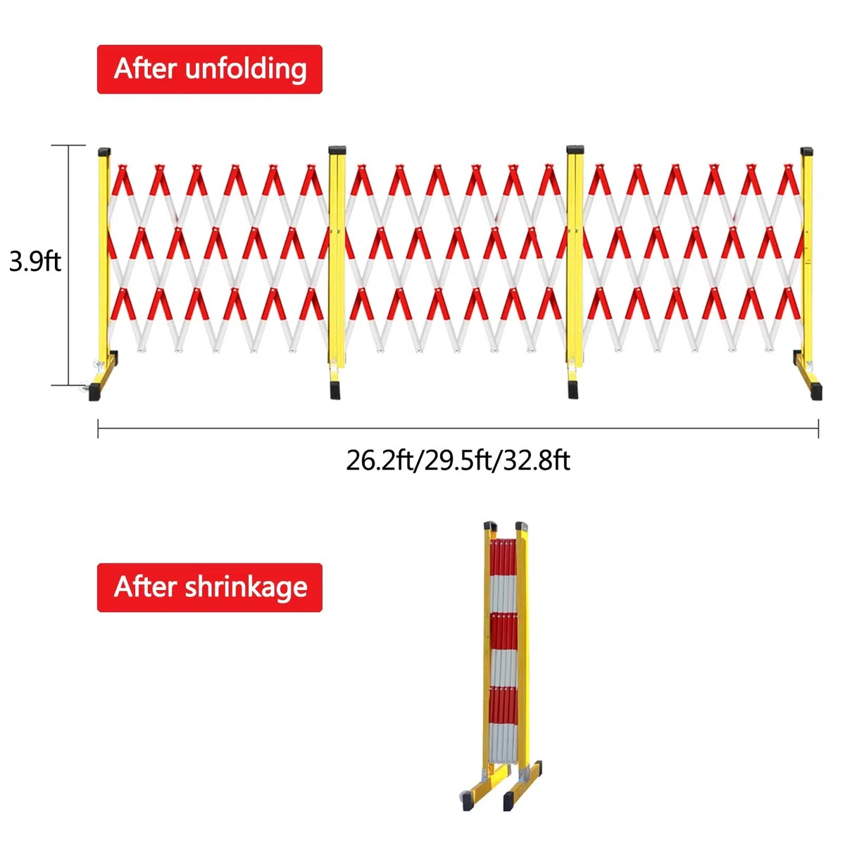 - Barrière de signalisation noire et jaune de 1,1 m x 9,5 m, portable et pliable pour stationnement industriel sécurisé et protection d'allée