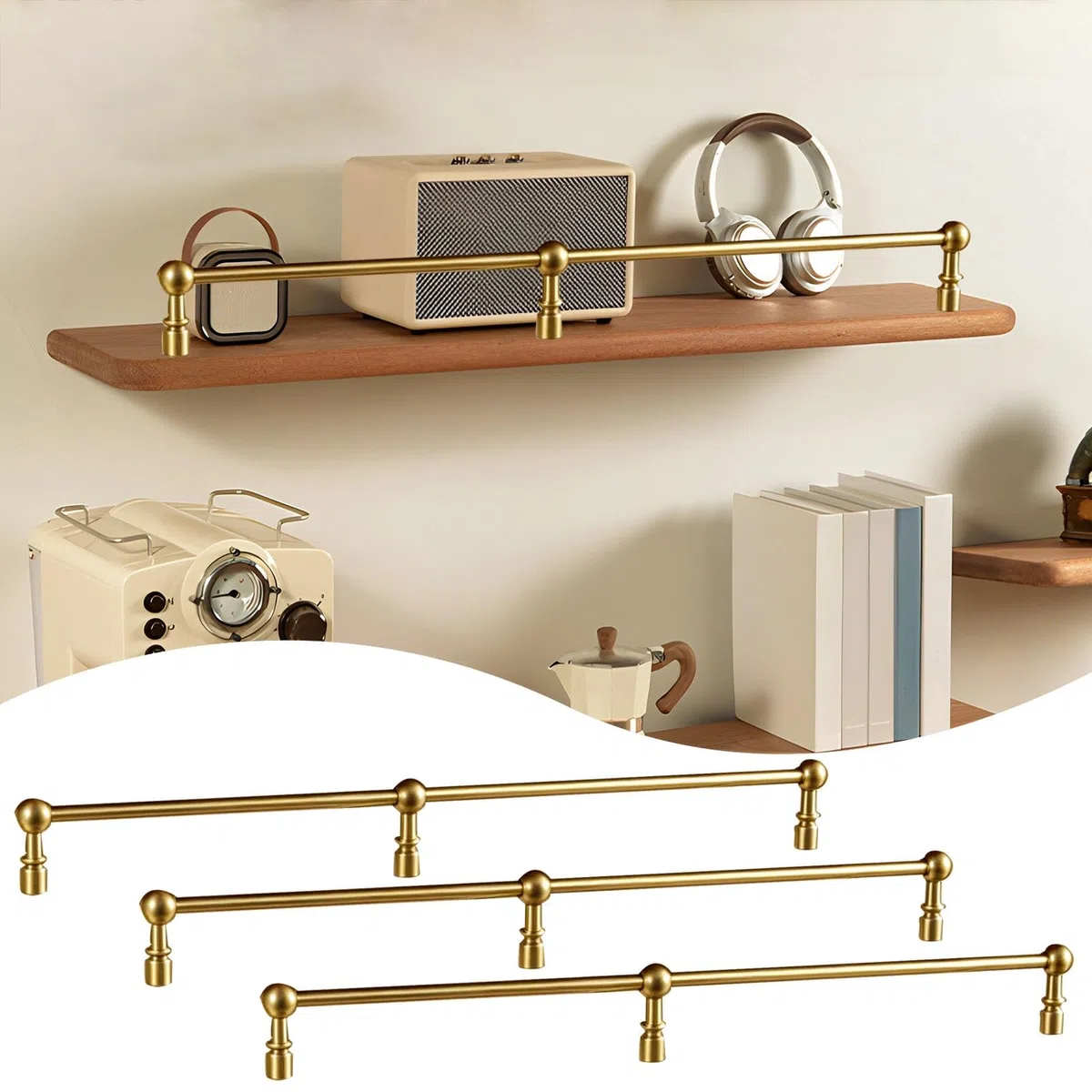 Générique Ensemble de 3 Rails de Support d'étagère en Laiton Massif, Rail Anti-Chute de 119 cm (47 po), réglable de 20 à 203 cm (8 à 80 po) pour armoires et galeries, Barre de Support Murale Durable