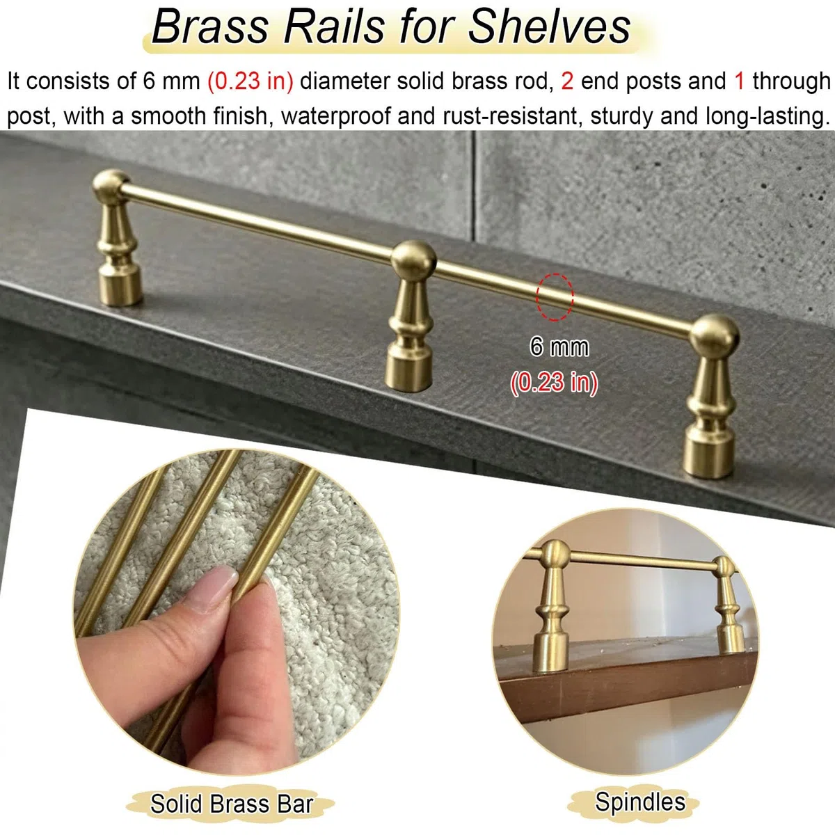 Générique Ensemble de 3 Rails de Support d'étagère en Laiton Massif, Rail Anti-Chute de 119 cm (47 po), réglable de 20 à 203 cm (8 à 80 po) pour armoires et galeries, Barre de Support Murale Durable